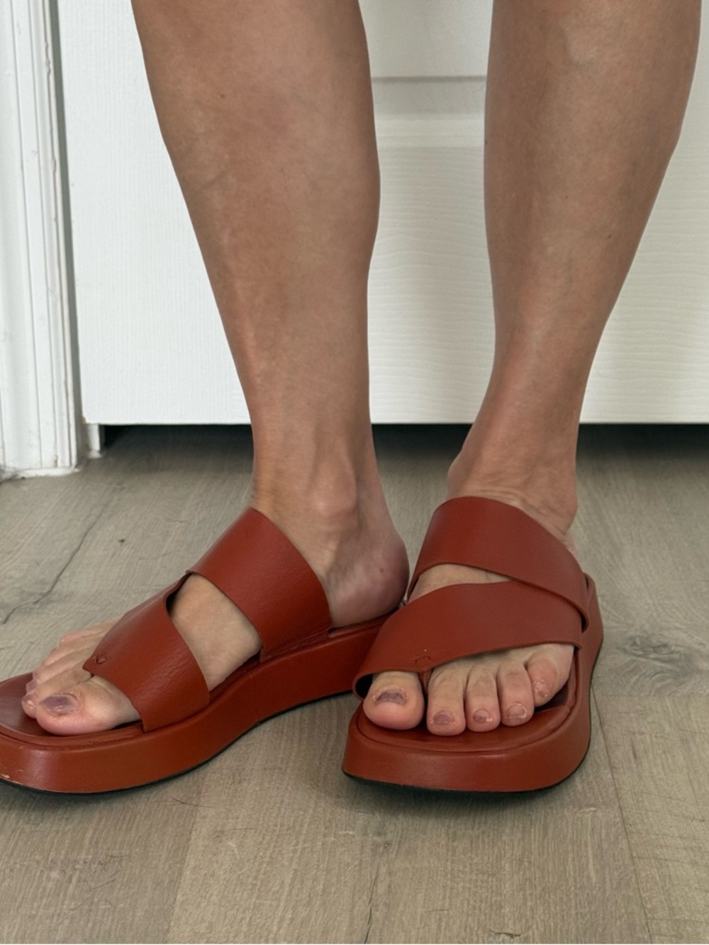 Staud Wide Strap Platform Slide Sandals in Rust